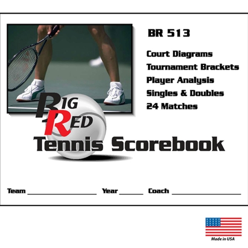 "Big Red" Tennis Scorebook cover with space to write in Team, Year, and Coach. Room for 24 Matches.