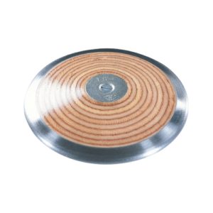Blazer Athletic Circular Laminated Wood Discus. Smooth galvanized steel rim and circular galvanized steel plate in middle.