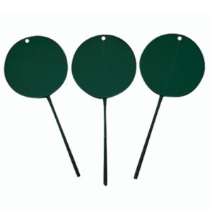 Blazer Athletics 3 4" diameter steel, chalkboard-green colored disc. Stakes attached to bottom of disc.