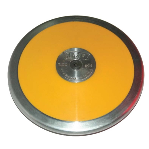 Blazer Athletic Circular ABS plastic Side Plate Discus in yellow color. Smooth galvanized steel rim and circular galvanized steel plate in middle.