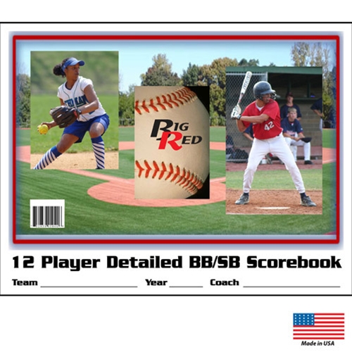 "Big Red" Baseball/Softball Scorebook cover with space to write in Team, Year, and Coach. Room for 12 players and 48 games.