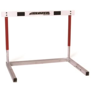 Blazer Athletic aluminum hurdle welded open base in red. Spring loaded adjustable slide weight.