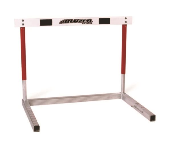 Blazer Athletic aluminum hurdle welded open base in red. Spring loaded adjustable slide weight.