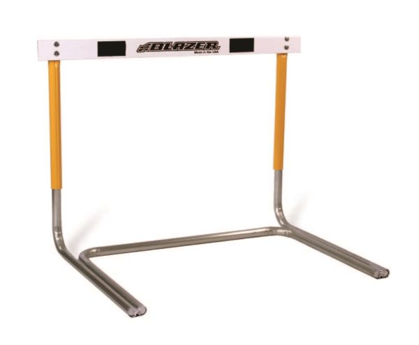 Blazer Athletic steel/aluminum hurdle welded open base in yellow. Rocker. Adjustable sliding base weight.